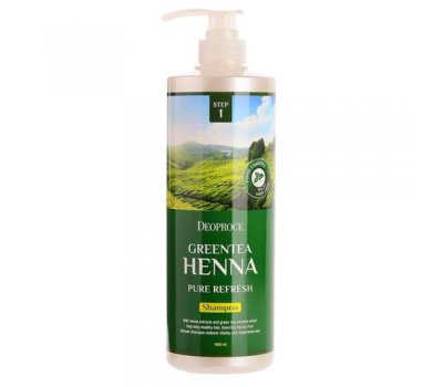 Deoproce Green Tea Henna Pure Refresh Shampoo Увлажняющий шампунь для волос с хной и зеленым чаем, 1000 мл